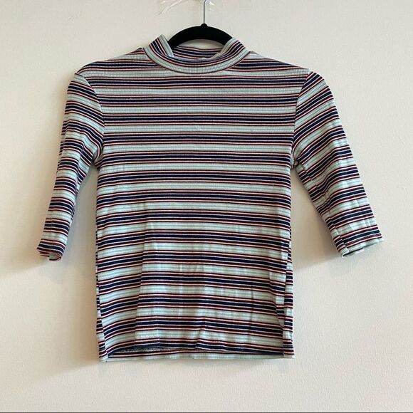 Zara Light Blue Maroon Red Striped Ribbed 1/2 Sleeve Mock Neck Size Small - Picture 1 of 8